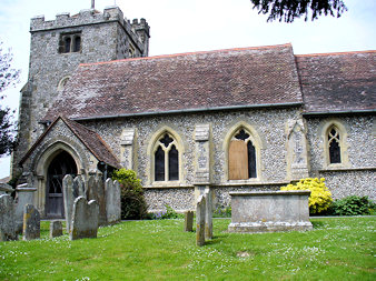 A view from the south, with the ancient 'greenway' footpath to the right. Olliver altar tomb centre, and Baker vault and headstones left.